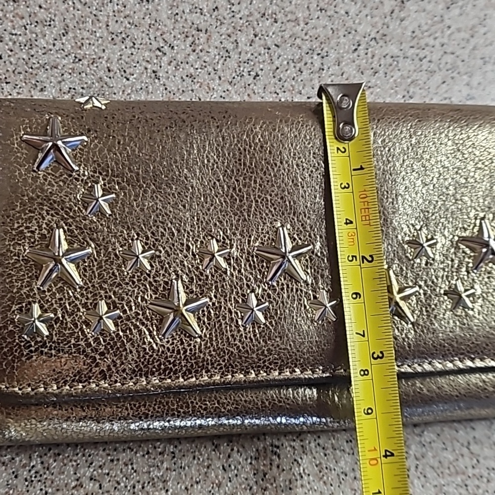 Jimmy Choo Metallic Bronza Gold Silver Star Stud Long Snap Front Flap Wallet - Picture 10 of 11